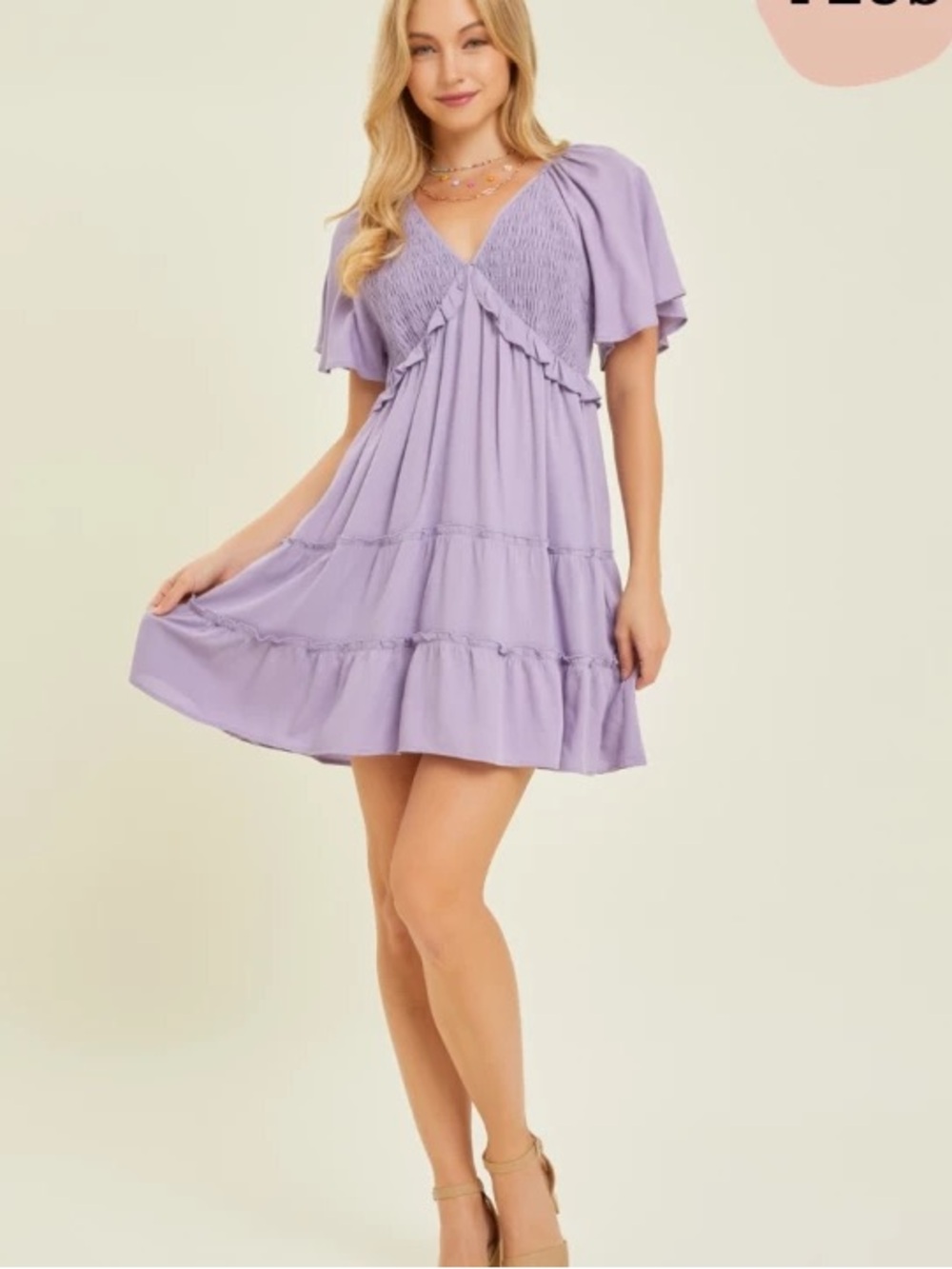 Heyson Smocked V-Neck Flutter Sleeve Mini Dress - Lavender